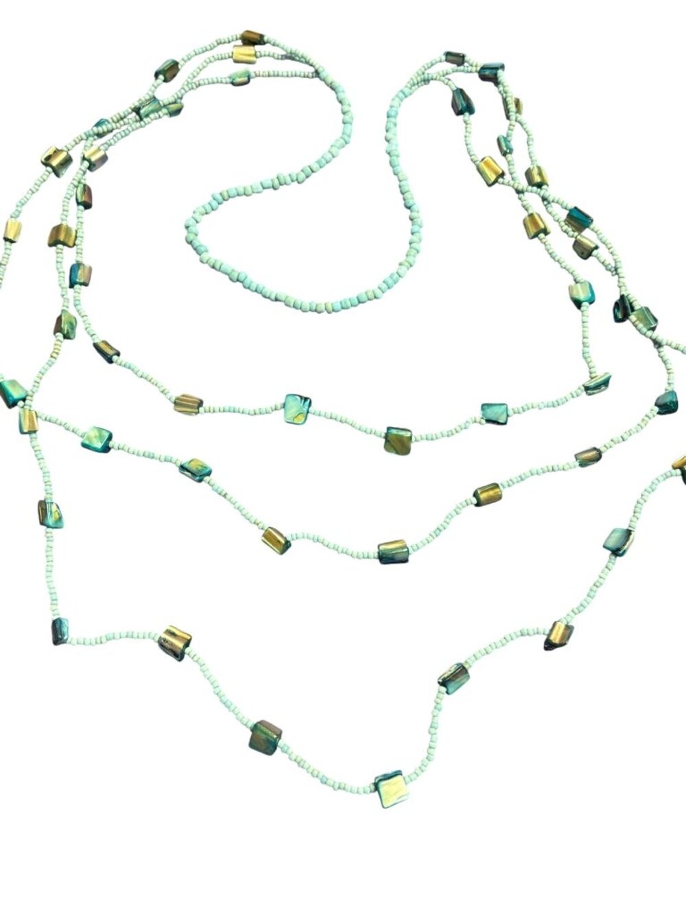 3 Strand Artisan Blue Glass Seed Bead and Dyed Shell Necklace 39 inches Long